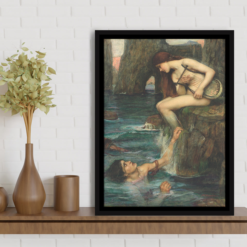 The Siren By John Waterhouse, Framed Canvas Prints Wall Art Home Decor,Floating Frame, Ready to Hang