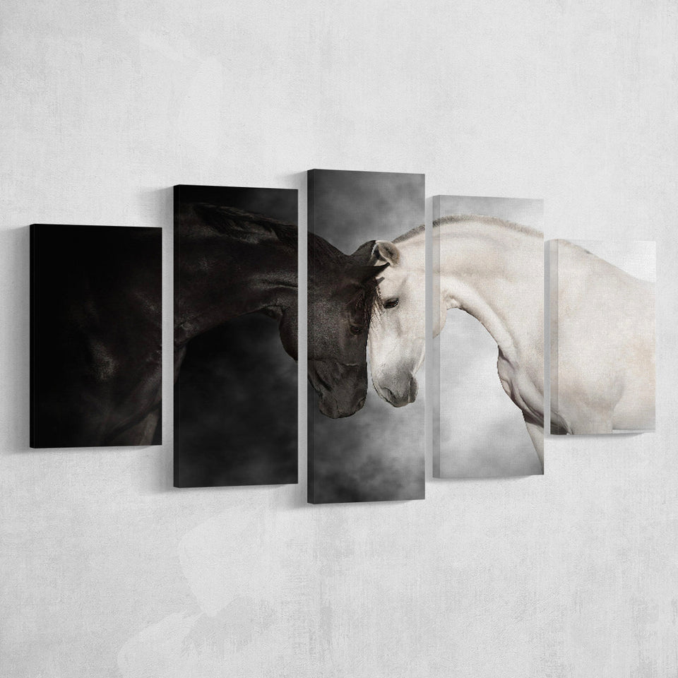 The Stallion And The Mare Wild Horses Black And White 5 Piece Canvas Prints Wall Art Decor, Multi Panels, Mixed Canvas