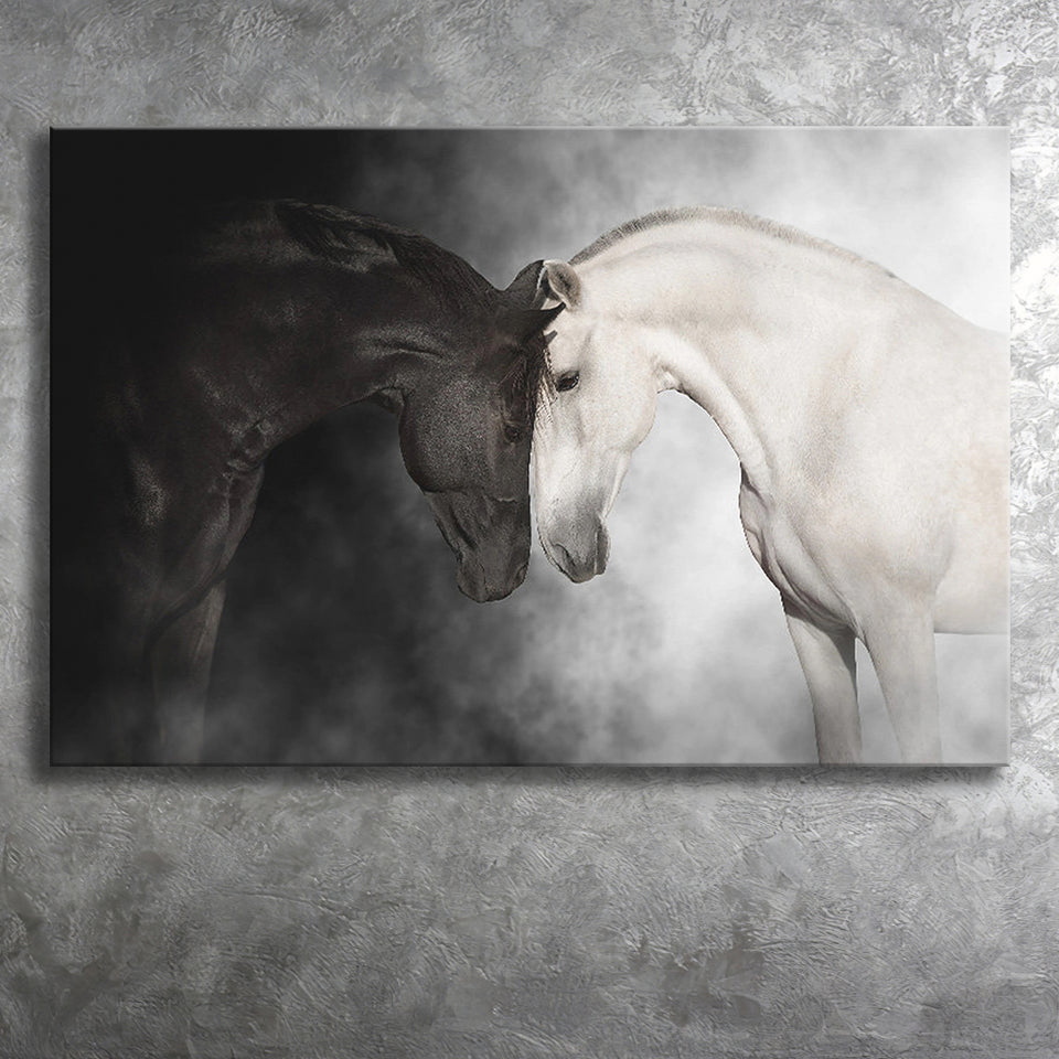 The Stallion And The Mare Wild Horses Black And White Canvas Prints Wall Art Decor - Painting Canvas,Home Decor,Ready to Hang