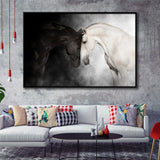The Stallion And The Mare Wild Horses Black And White Framed Canvas Prints Wall Art Decor, Framed Picture, Floating Frame