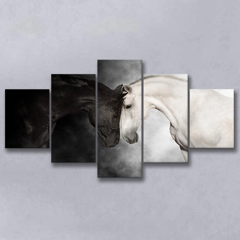 The Stallion And The Mare Wild Horses Black And White 5 Piece Canvas Prints Wall Art Decor, Multi Panels, Mixed Canvas