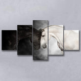The Stallion And The Mare Wild Horses Black And White 5 Piece Canvas Prints Wall Art Decor, Multi Panels, Mixed Canvas