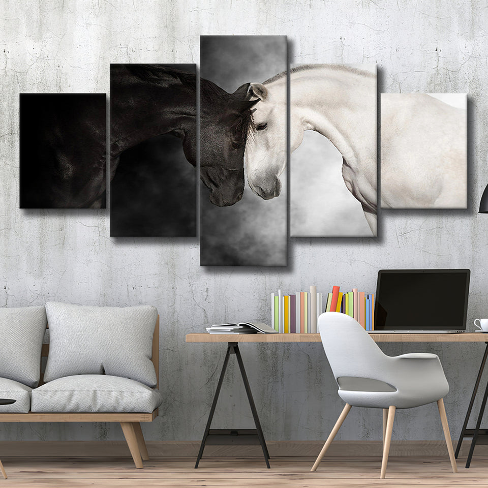 The Stallion And The Mare Wild Horses Black And White 5 Piece Canvas Prints Wall Art Decor, Multi Panels, Mixed Canvas