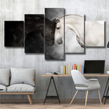 The Stallion And The Mare Wild Horses Black And White 5 Piece Canvas Prints Wall Art Decor, Multi Panels, Mixed Canvas