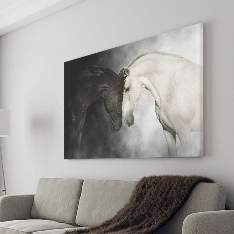 The Stallion And The Mare Wild Horses Black And White Canvas Prints Wall Art Decor - Painting Canvas,Home Decor,Ready to Hang
