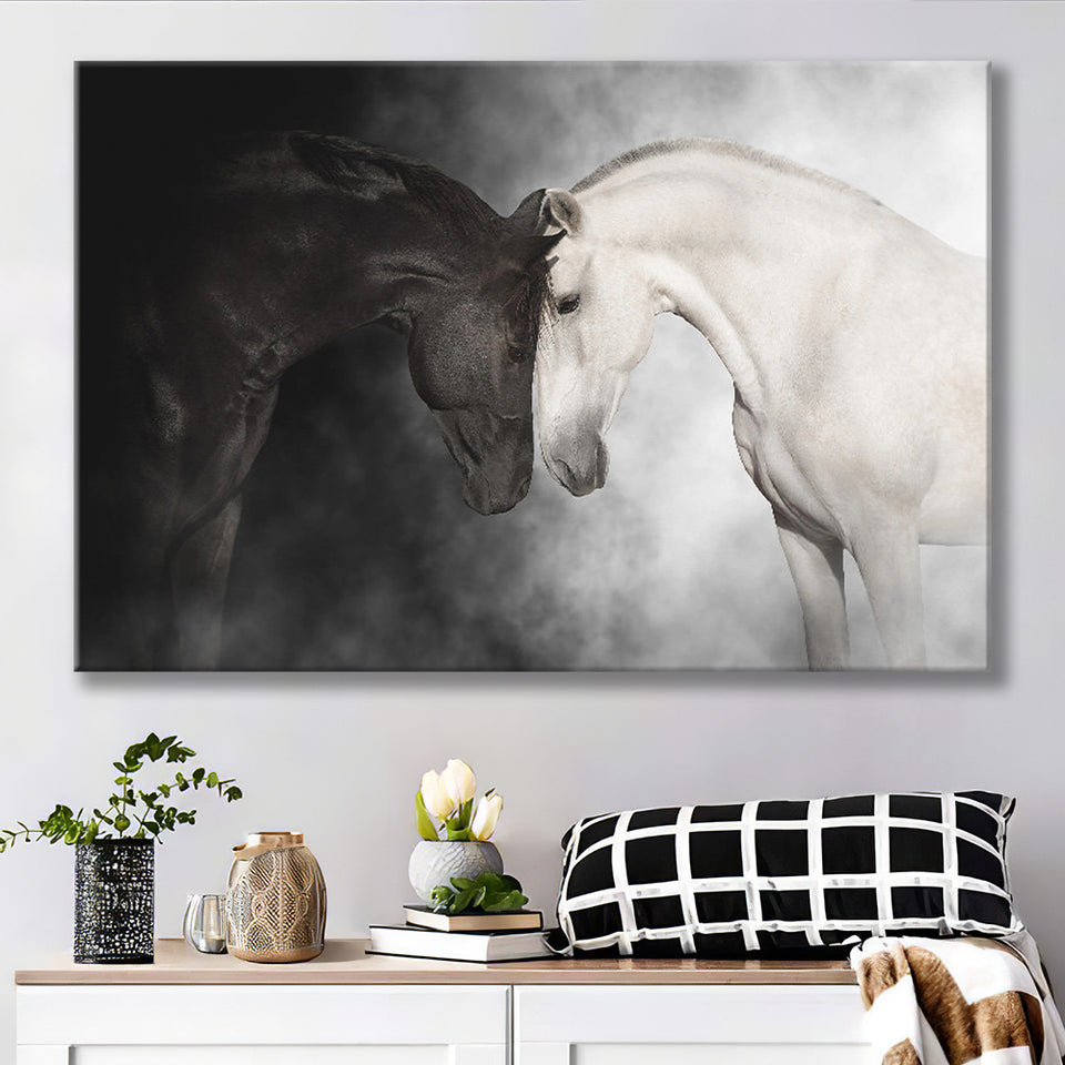 The Stallion And The Mare Wild Horses Black And White Canvas Prints Wall Art Decor - Painting Canvas,Home Decor,Ready to Hang