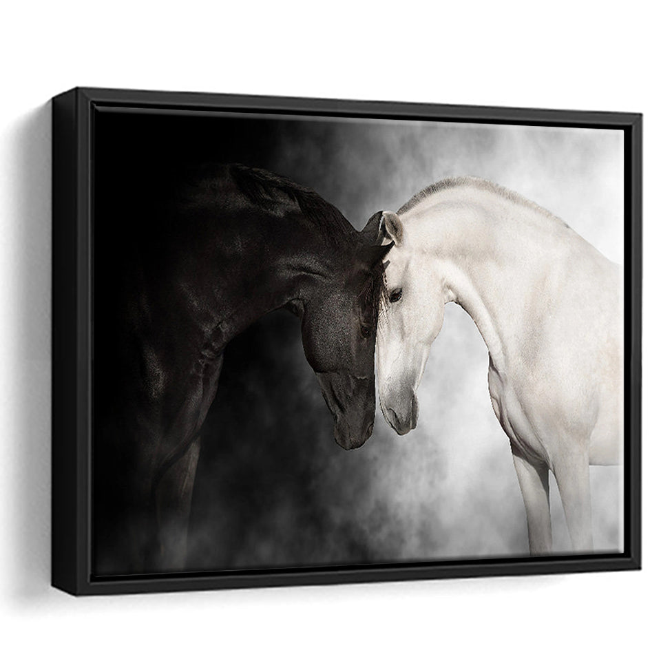The Stallion And The Mare Wild Horses Black And White Framed Canvas Prints Wall Art Decor, Framed Picture, Floating Frame