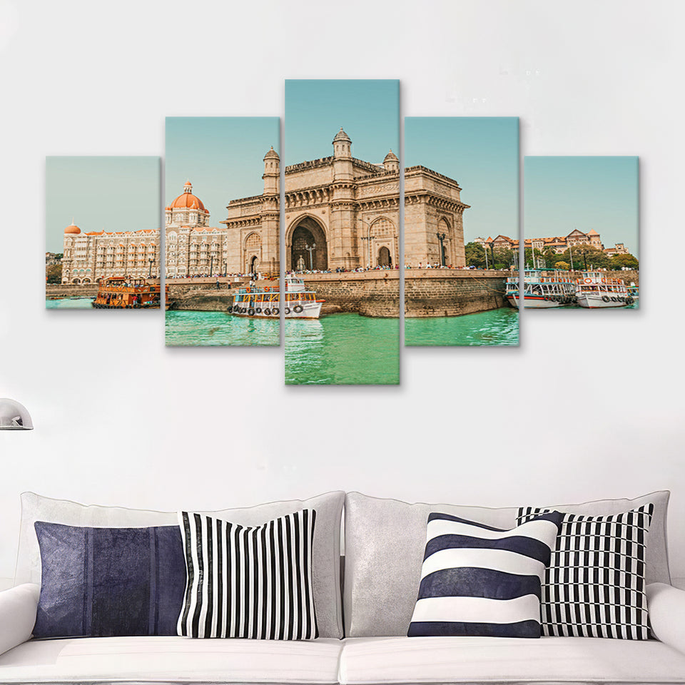 The Taj Mahal Palace Hotel And Gateway Of India 5 Piece Multi Panels Canvas Prints Wall Art - Painting Canvas,Wall Decor