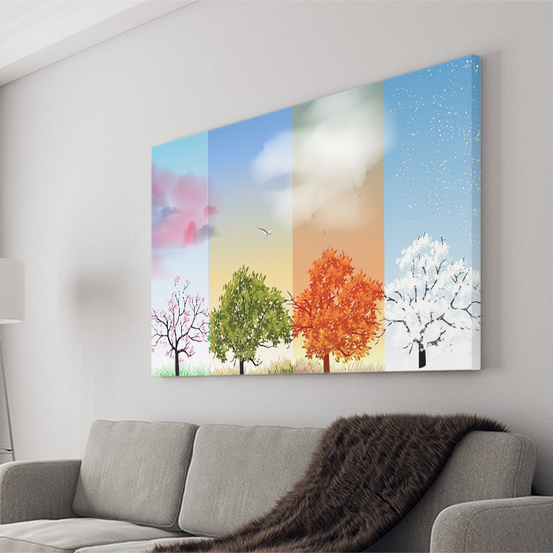 The Tree And Lake Reflection Of The Four Seasons Of The Year Canvas Prints Wall Art - Painting Canvas, Wall Decor, Home Decor, Prints for Sale