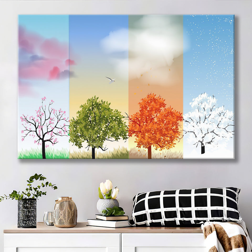 The Tree And Lake Reflection Of The Four Seasons Of The Year Canvas Prints Wall Art - Painting Canvas, Wall Decor, Home Decor, Prints for Sale