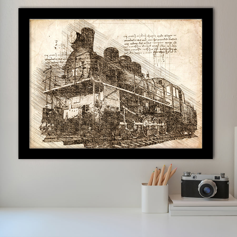 The Old Steam Locomotive On Sunset Background Vintage Style Train Framed Art Prints Wall Decor - Painting Art, Framed Picture, Home Decor