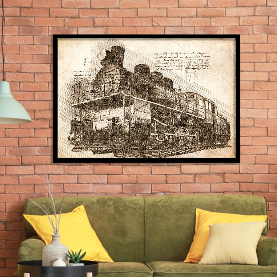 The Old Steam Locomotive On Sunset Background Vintage Style Train Framed Art Prints Wall Decor - Painting Art, Framed Picture, Home Decor