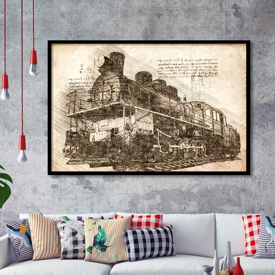 The Old Steam Locomotive On Sunset Background Vintage Style Train Framed Art Prints Wall Decor - Painting Art, Framed Picture, Home Decor