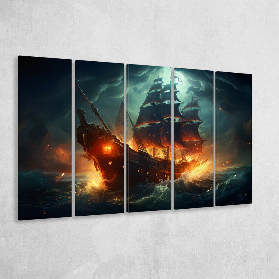 The Pirate Ship Fled When Attacked 5 Panels B Canvas Prints Wall Art Home Decor, Extra Large Canvas