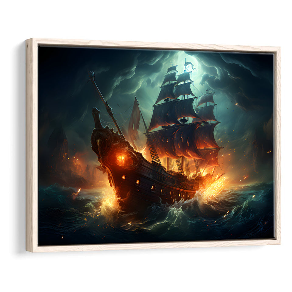 The Pirate Ship Fled When Attacked Framed Canvas Prints Wall Art Home Decor, Painting Canvas, Floating Frame