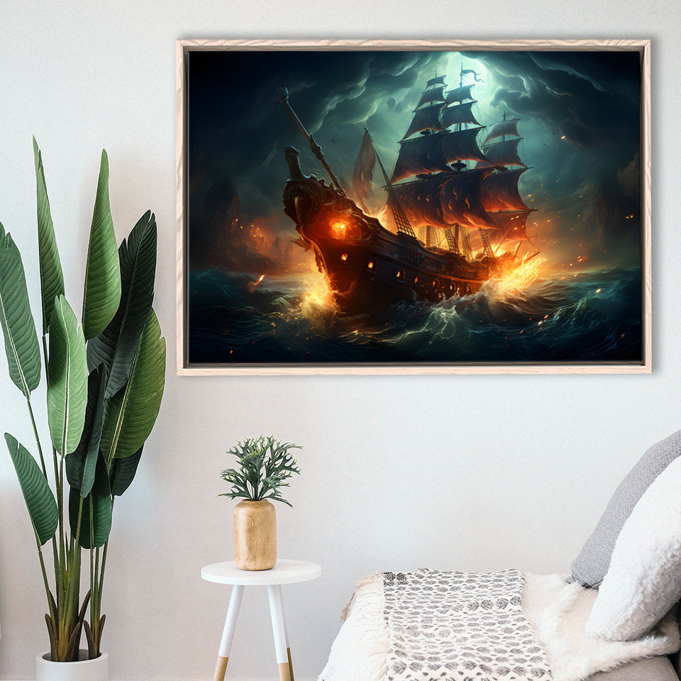 The Pirate Ship Fled When Attacked Framed Canvas Prints Wall Art Home Decor, Painting Canvas, Floating Frame