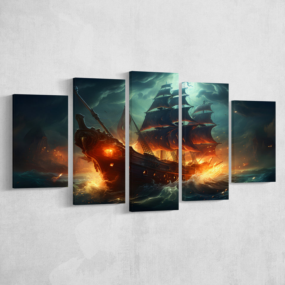 The Pirate Ship Fled When Attacked 5 Panels Canvas Prints Wall Art Home Decor, Large Mixed Canvas