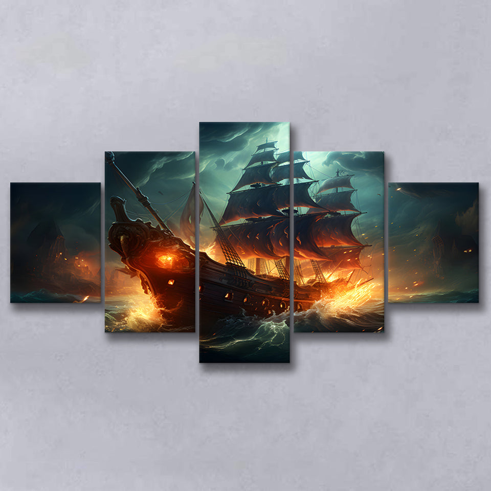 The Pirate Ship Fled When Attacked 5 Panels Canvas Prints Wall Art Home Decor, Large Mixed Canvas