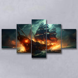 The Pirate Ship Fled When Attacked 5 Panels Canvas Prints Wall Art Home Decor, Large Mixed Canvas