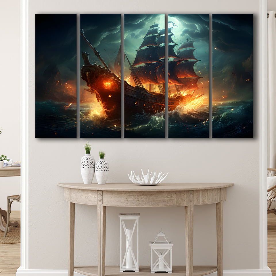 The Pirate Ship Fled When Attacked 5 Panels B Canvas Prints Wall Art Home Decor, Extra Large Canvas