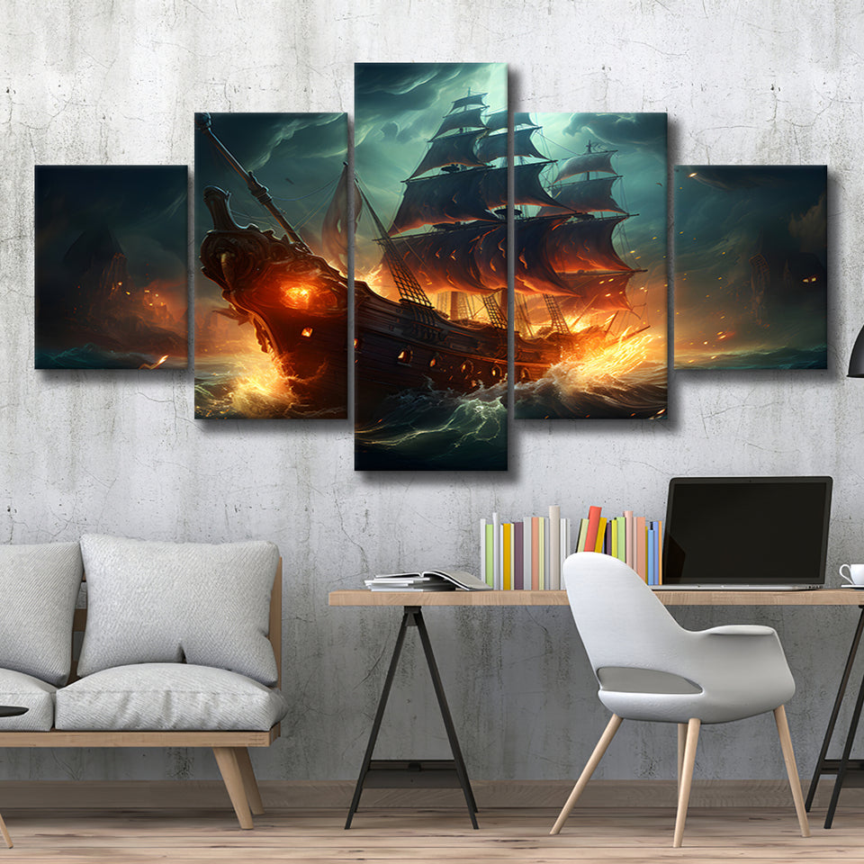 The Pirate Ship Fled When Attacked 5 Panels Canvas Prints Wall Art Home Decor, Large Mixed Canvas