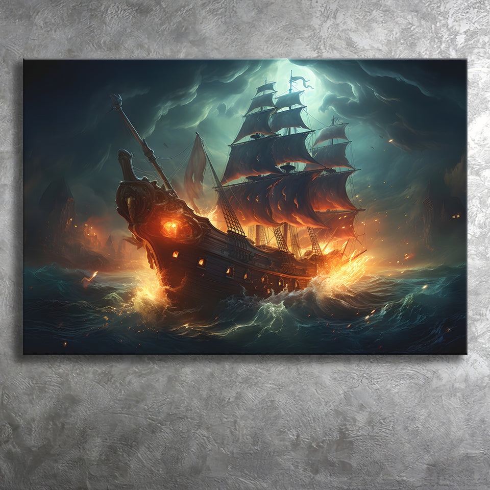 The Pirate Ship Fled When Attacked Canvas Prints Wall Art Home Decor, Painting Canvas, Living Room Wall Decor