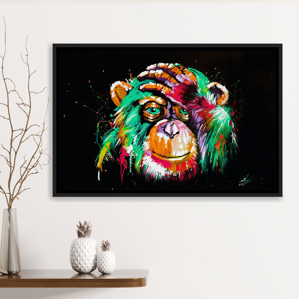 Thinking Monkey Water Colorful Framed Canvas Prints Wall Art Decor - Painting Canvas, Floating Frame, Framed Picture
