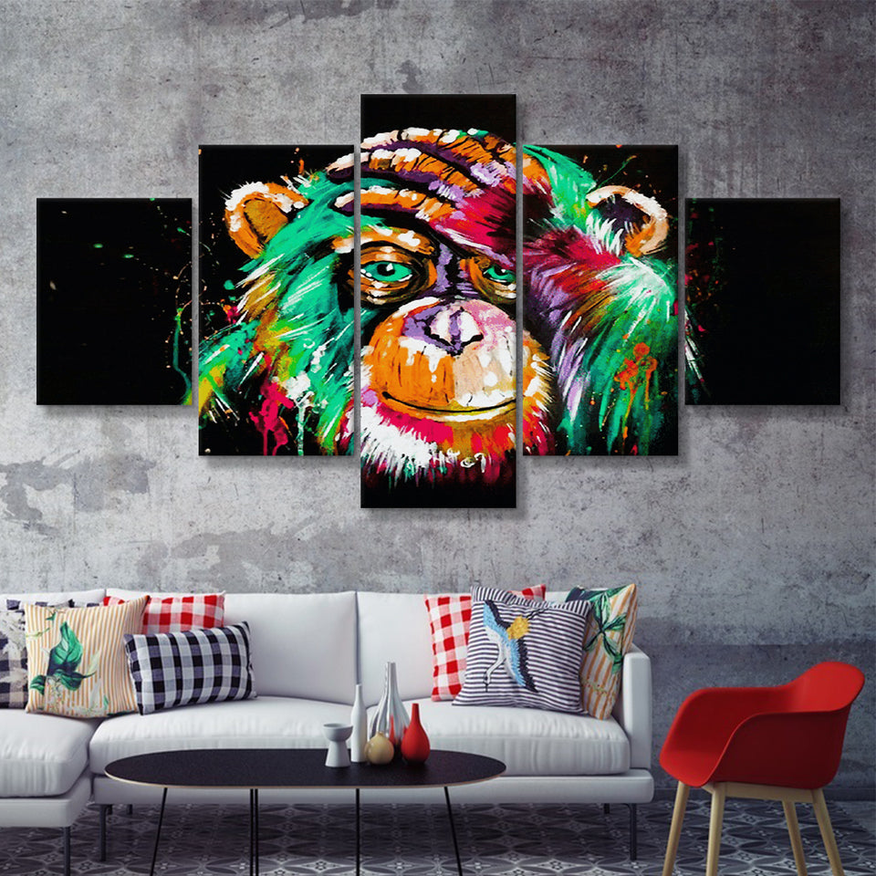 Thinking Monkey Water Colorful Canvas 5 Pieces Prints Wall Art Decor - Painting Canvas, Multi Panels, Canvas Print