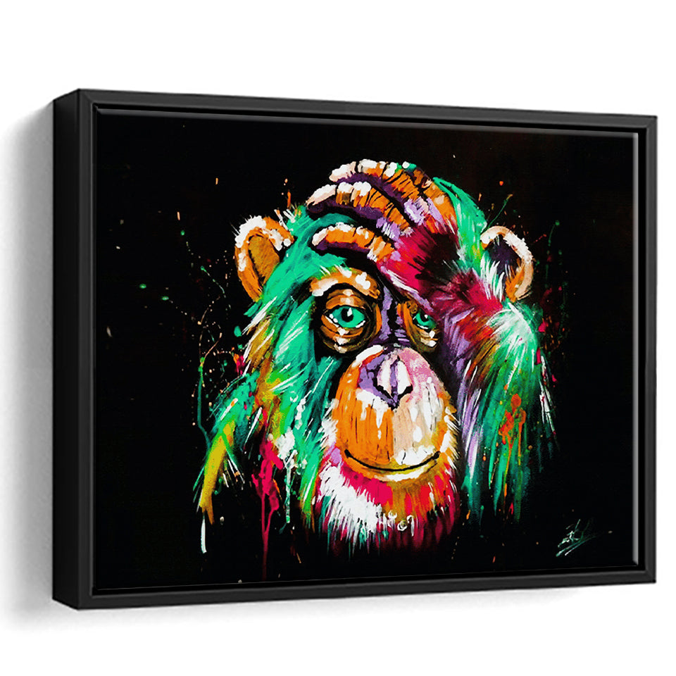 Thinking Monkey Water Colorful Framed Canvas Prints Wall Art Decor - Painting Canvas, Floating Frame, Framed Picture
