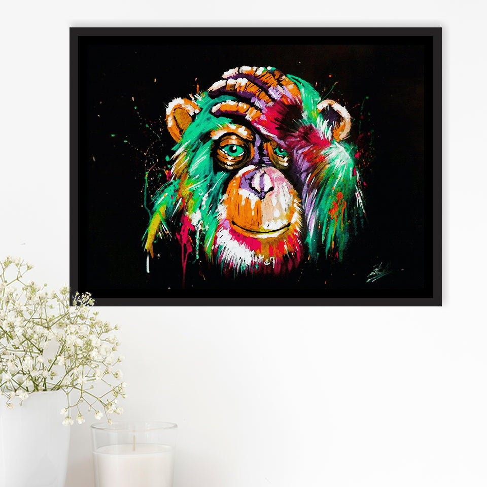 Thinking Monkey Water Colorful Framed Canvas Prints Wall Art Decor - Painting Canvas, Floating Frame, Framed Picture