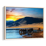 Thirsty Horses On The Sunset Lake, Framed Canvas Prints Wall Art Home Decor,Floating Frame, Ready to Hang