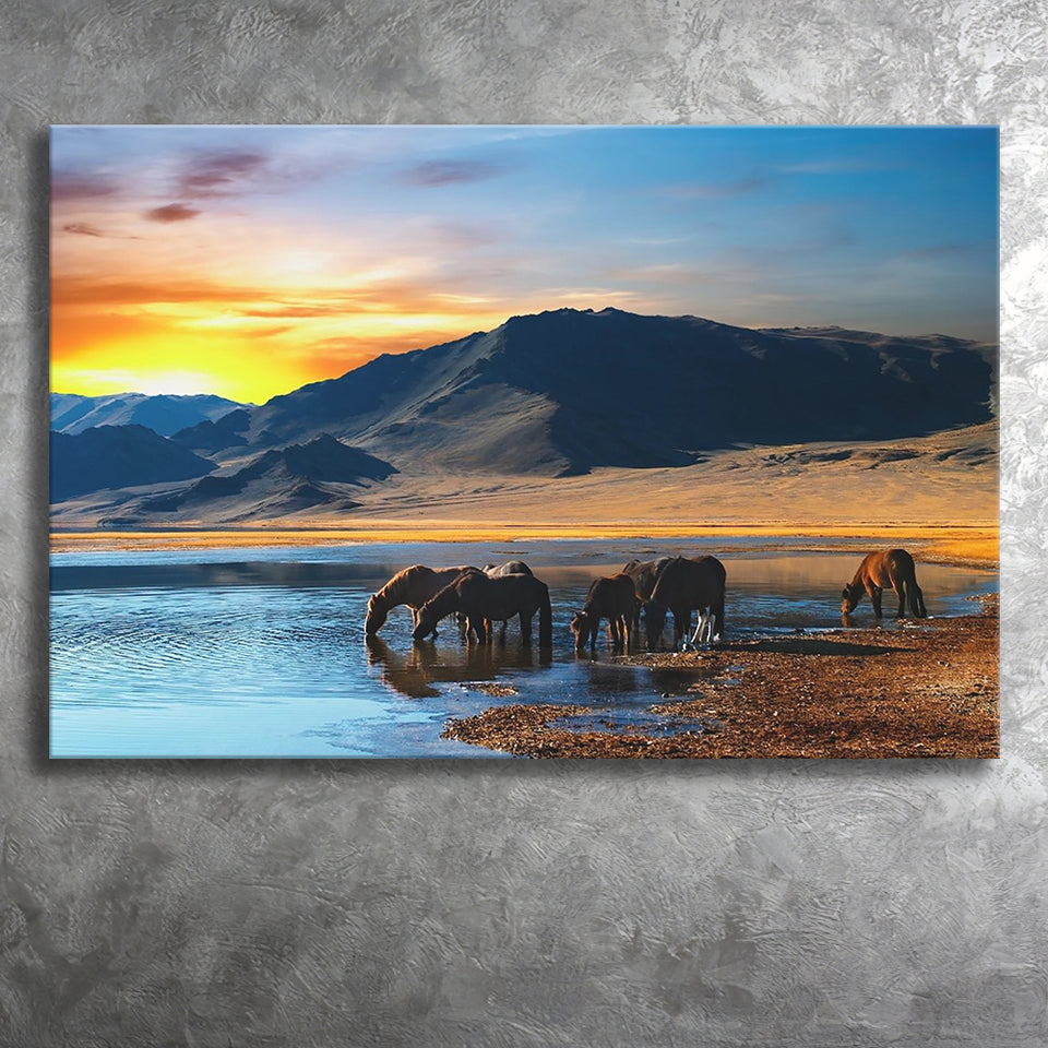 Thirsty Horses On The Sunset Lake, Canvas Prints Wall Art Home Decor
