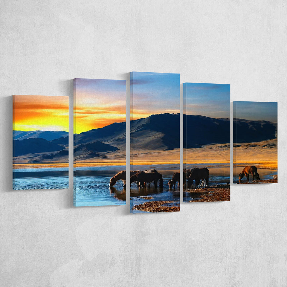 Thirsty Horses On The Sunset Lake, Multi Panels, 5 Pieces, Canvas Prints Wall Art Home Decor