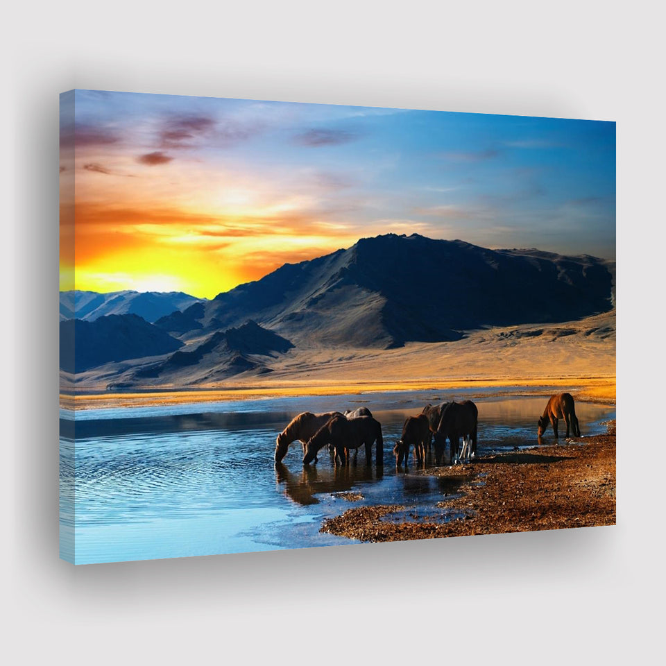 Thirsty Horses On The Sunset Lake, Canvas Prints Wall Art Home Decor