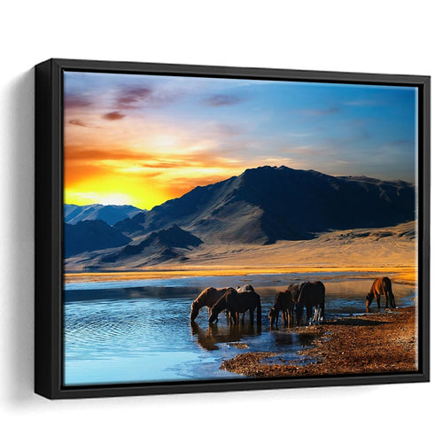 Thirsty Horses On The Sunset Lake, Framed Canvas Prints Wall Art Home Decor,Floating Frame, Ready to Hang