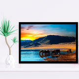 Thirsty Horses On The Sunset Lake, Framed Art Prints Wall Art Home Decor, Ready to Hang