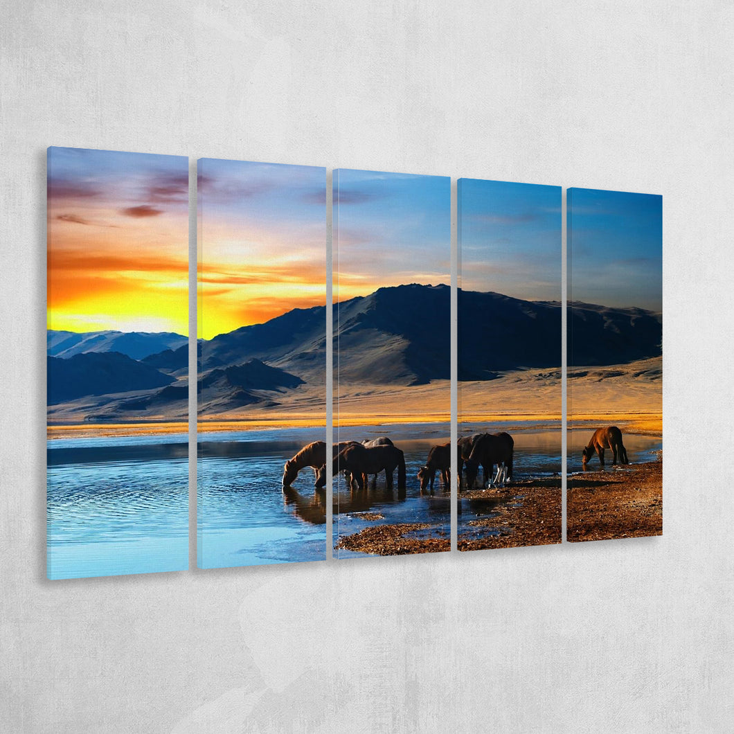 Thirsty Horses On The Sunset Lake, Multi Panels, 5 Pieces B, Canvas Prints Wall Art Home Decor,X Large Canvas