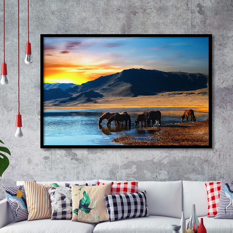 Thirsty Horses On The Sunset Lake, Framed Art Prints Wall Art Home Decor, Ready to Hang