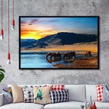 Thirsty Horses On The Sunset Lake, Framed Art Prints Wall Art Home Decor, Ready to Hang