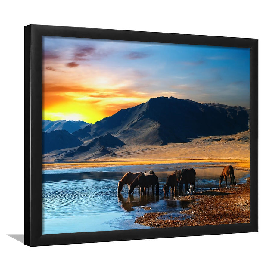 Thirsty Horses On The Sunset Lake, Framed Art Prints Wall Art Home Decor, Ready to Hang