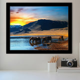 Thirsty Horses On The Sunset Lake, Framed Art Prints Wall Art Home Decor, Ready to Hang