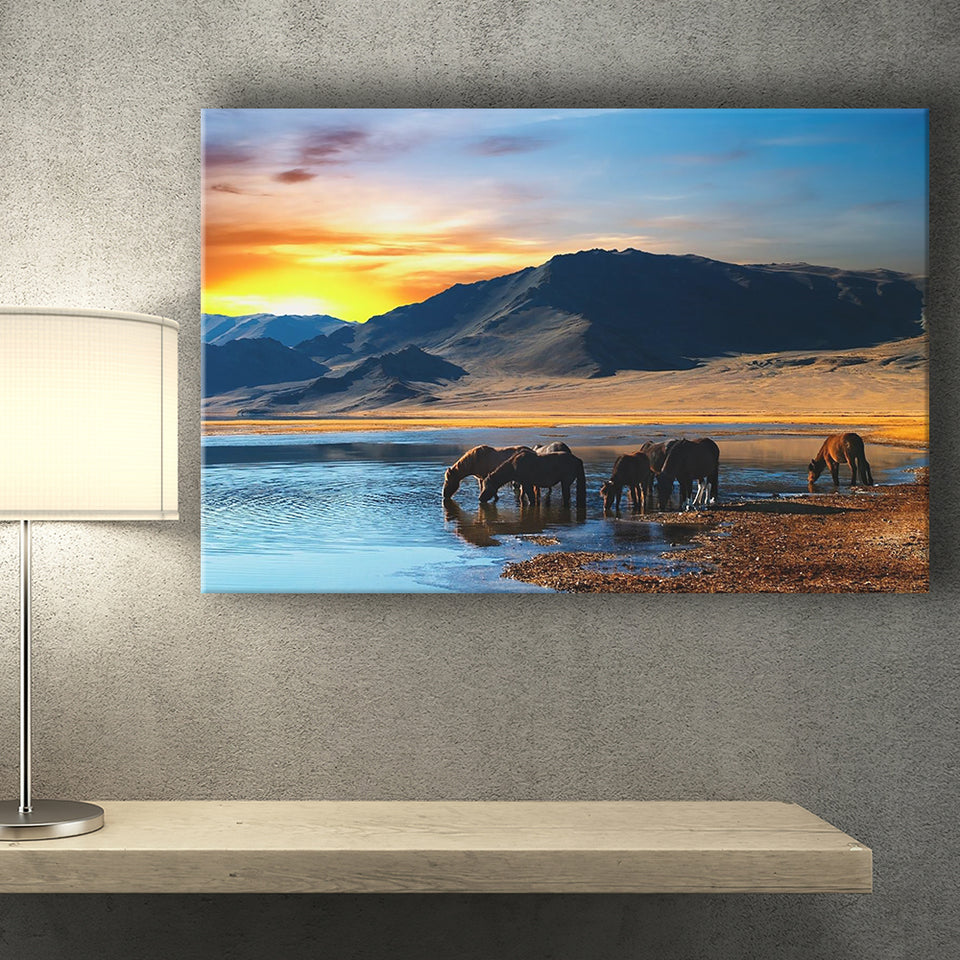 Thirsty Horses On The Sunset Lake, Canvas Prints Wall Art Home Decor
