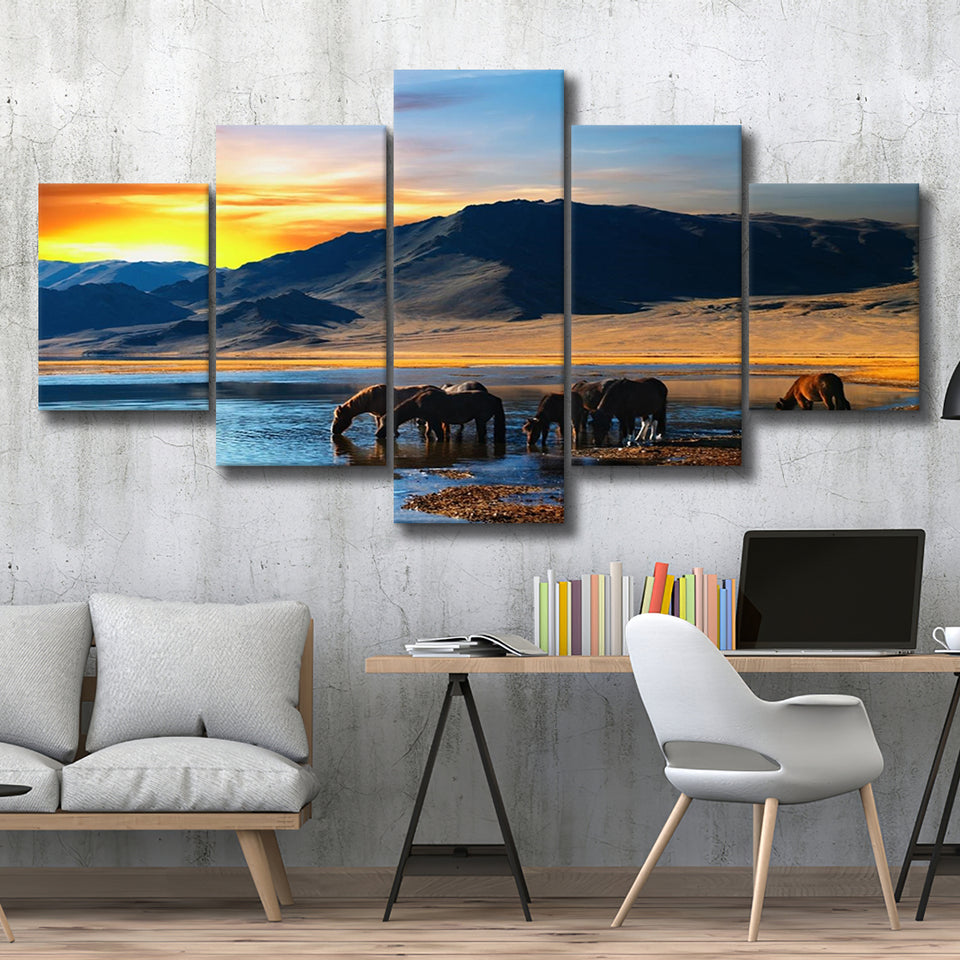 Thirsty Horses On The Sunset Lake, Multi Panels, 5 Pieces, Canvas Prints Wall Art Home Decor