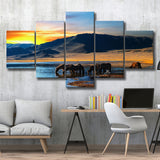 Thirsty Horses On The Sunset Lake, Multi Panels, 5 Pieces, Canvas Prints Wall Art Home Decor