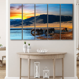 Thirsty Horses On The Sunset Lake, Multi Panels, 5 Pieces B, Canvas Prints Wall Art Home Decor,X Large Canvas