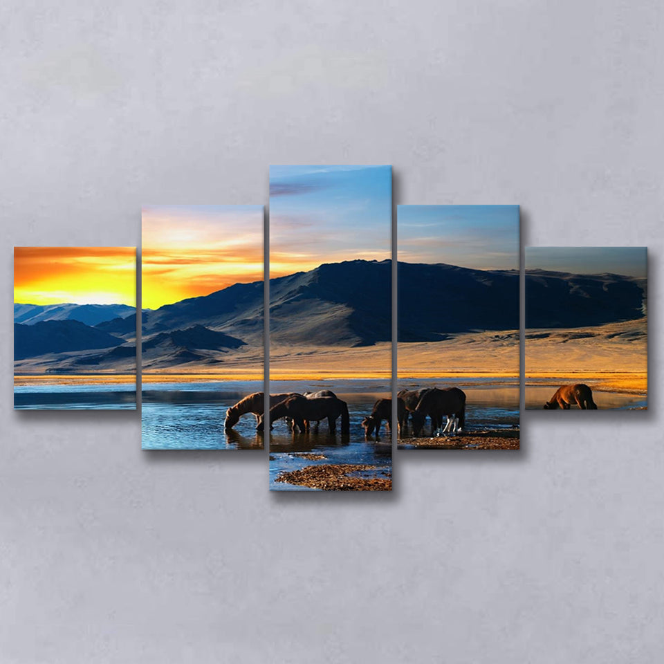Thirsty Horses On The Sunset Lake, Multi Panels, 5 Pieces, Canvas Prints Wall Art Home Decor