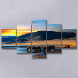 Thirsty Horses On The Sunset Lake, Multi Panels, 5 Pieces, Canvas Prints Wall Art Home Decor