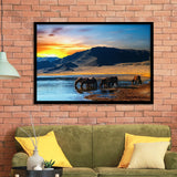 Thirsty Horses On The Sunset Lake, Framed Art Prints Wall Art Home Decor, Ready to Hang