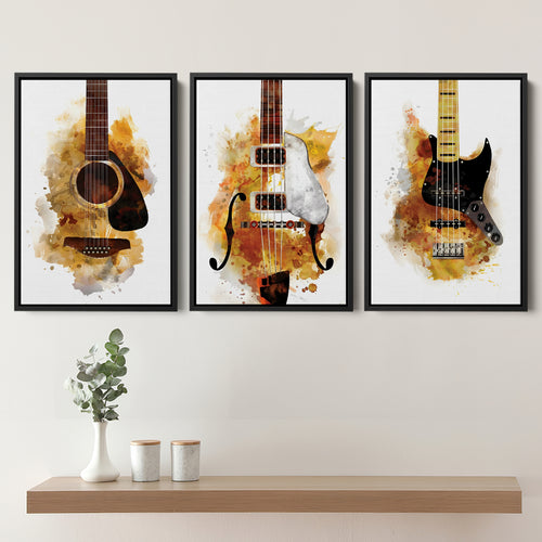 Three Guitarists Watercolor  Set of 3 Piece Framed Canvas Prints Wall Art Decor