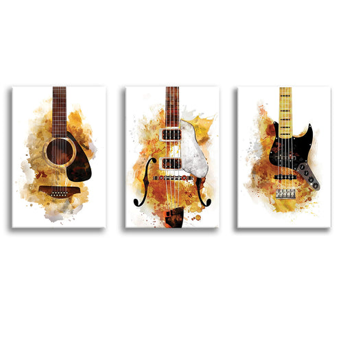 Three Guitarists Watercolor Canvas Set of 3 Piece Canvas Prints Wall Art Decor